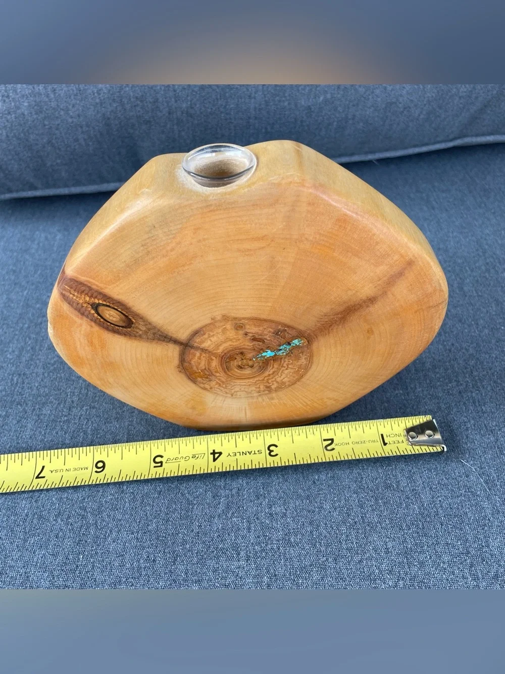 Uli Kirchler Studios Wood Carved Round Turquoise Bud Vase Handmade MCM